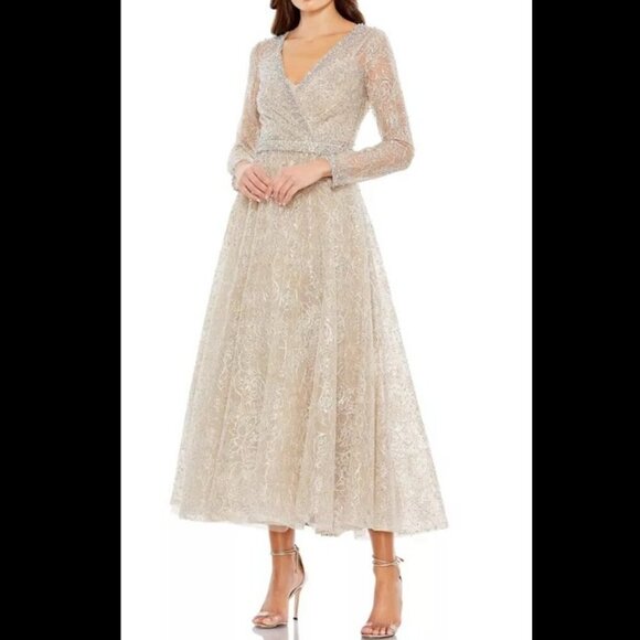 NWT Mac Duggal Embellished Wrap Over Long Sleeve Midi Dress Taupe Size 6 - Picture 1 of 14